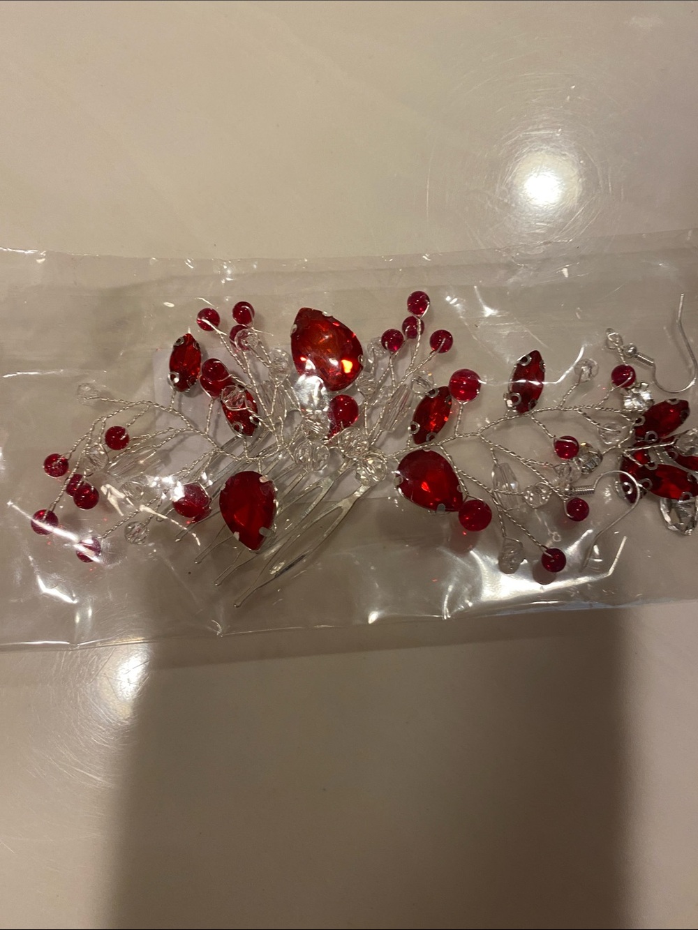 Red Crystal Bridal Hair Comb and Earrings Set
